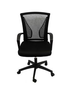 Karrige zyre, këmbë dhe rrota najloni, mbështetëse rrjetëzuar, ulëse veshje tekstil (zezë), pa mbështetëse koke, krahë PP, 55x49xH92-102 cm
