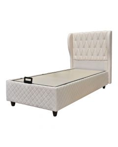 Bed, single, storage place, Spacious, wooden/metal frame, textile upholstery, white, 90x200xH118 cm