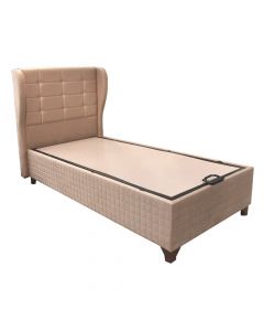 Bed, single, storage unit, metal frame, textile upholstery, beige,