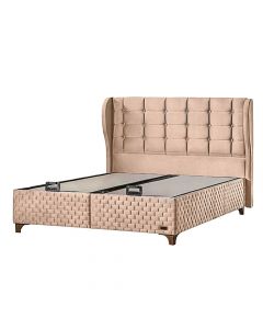 Bed, double, storage unit, metal frame, textile upholstery, beige,