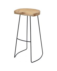 Bar stool, metal frame (black), wooden seat, natural, 40x32xH81 cm