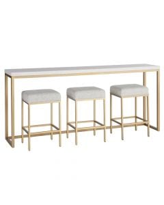 Set tavolinë + 3 karrige, Randa, syprinë melamine, strukturë metali (flori), tapiceri tekstili (gri), tavolina: 205x40x90 cm; karrige: 40x30x75 cm