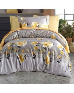 Bedlinen, single, gray with yellow flower, flannel, (x1) 160x240 cm; (x1) 90x190+25 cm; (x1) 50x80 cm