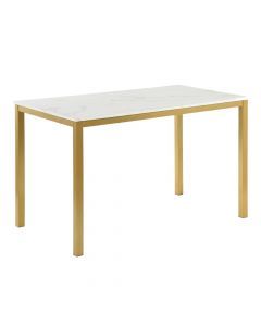 Tavolinë ngrënie, Brandt, syprinë mdf dhe melaminë, këmbë metalike, e bardhë/floriri, 150x90xH76.5 cm