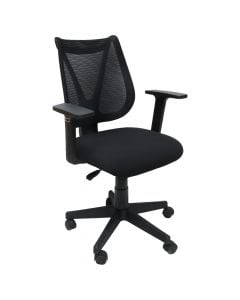 Karrige zyre, mbështetëse rrjetëzuar, ulëse veshje tekstili, krahë PP, këmbë dhe rrota najloni, e zezë, 62x58xH89-99 cm