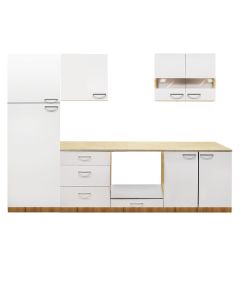 Kitchen, Ana, melamine/ mdf, sonoma/ white gloss, 200x60xH81.2 cm; 200x31.8xH60 cm; 60x58xH194 cm; worktop: 200 cm