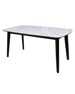 Dining table, sintered stone tabletop, wooden legs, white, 90x160 cm