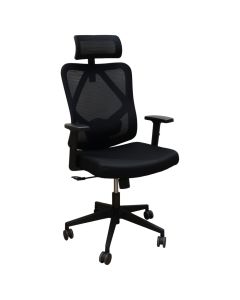 Karrige zyre me rrota, me krahë, strukturë plastike, rrota najloni, mbështetëse rrjete, tapiceri tekstili, e zezë, 50x51.5xH118-128 cm