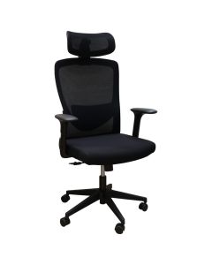 Karrige zyre me rrota, me krahë, strukturë plastike, rrota najloni, mbështetëse rrjete, tapiceri tekstili, e zezë, 50x51xH114-124 cm