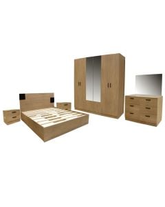 Bedroom, melamine, sonoma/black, 185x205xH110 cm; 50x35xH44 cm; 240x61xH210 cm
