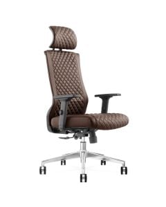 Karrige zyre, tapiceri PU (lëkurë sintetike), bazë çeliku kromi, me rrota najloni, kafe e errët, mbështetëse krahu 2D, gas lift klasi 3, 66x66xH118/126 cm