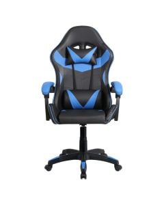 Karrige studimi, me drita RGB, tapiceri lëkure sintetike, bazament najloni 320 mm, rrota najloni, mekanizëm shumëfunksional, e zezë/blu, 68x50xH11-125 cm