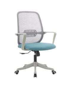 Karrige zyre, mbështetëse shpine rrjete  dhe ulëse me tapiceri tekstili, bazament plastike (320 mm), rrota polipropileni (50 mm), gri/blu, gas lift klasi 3, 61x51xH101/111 cm