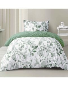 Duvet cover single set, polyester, white/green (with leaf design), 160x220 cm; 90x200+30 cm (fitted); 50x75 cm