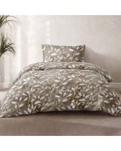 Duvet cover single set, polyester, brown/white (with leaf design), 160x220 cm; 90x200+30 cm (me fitted); 50x75 cm