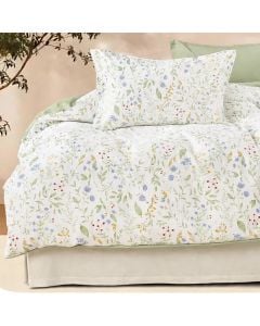Duvet cover double set, polyester, white/green (flowers design), 160x220 cm; 900x200+30 cm (fitted); 50x75 cm