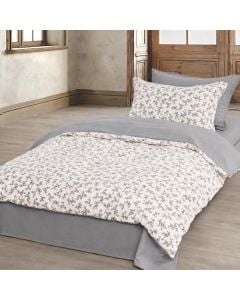 Duvet cover double set, polyester, pink/grey (flowers design), 160x220 cm; 900x200+30 cm (fitted); 50x75 cm