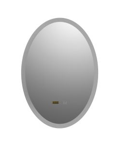 Pasqyrë ovale me ndriçim LED, kornizë alumini, ndezja/fikja me prekje, me orë dhe temperaturë, 50x70 cm