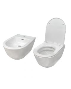 Set WC dhe Bide,  Pro-Rimless, aks- 18cm, me kapak, montim në mur, porcelan, e bardhë, WC- 53x 36 cm; Bide-53X36 cm