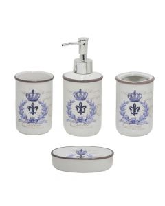 Bathroom accessory set, 4 pieces, ceramic, white/blue