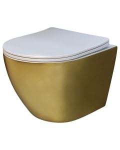Hanging toilet, wall mounted, with lid, porcelain, gold, white, axis 18, 49x35xH34 cm