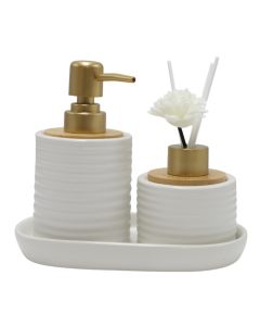 Set aksesorë tualeti, qeramikë, bambu, e bardhë, 17x10xH15 cm