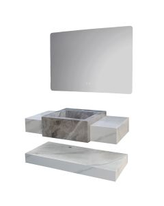 Set mobilje tualeti, me montim në mur, gur i sintetizuar, Përmasat: W 100 cm x D 50 cm x H 15 cm. Pasqyra LED: W 100 cm x H 70 cm