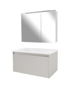 Set mobilje tualeti, me montim në murë në material PVC. Përmasat : H 40 cm x W 90 cm x D 48.5 cm. Pasqyrë LED : H 75 cm x W 85 cm x D 13.5 cm