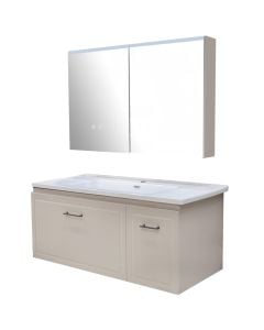 Set mobilje tualeti, me montim në mur në material PVC. Përmasat : H 50 cm x W 120 cm x D 51 cm. Pasqyrë LED : H 70 cm x W 110 cm x D 14 cm