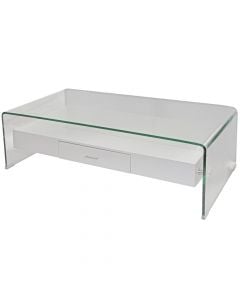 Coffee table with drawer, MILANO, tempered glass and MDF, clear/white, 110x55xH35 cm