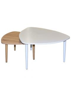 Tavolinë mesi set 2 copë, strukturë metalike (imitim druri), melaminë dhe mdf, natyrale/e bardhë, 80x80xH35 cm; 60x60xH27 cm
