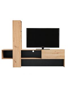 TV shelf, ORENSE, melamine, grey oak / black, 185.5x36.5xH138.5 cm