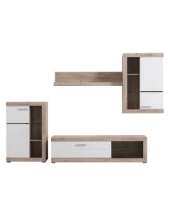 TV and wall display unit, ROSSO, melamine and tempered glass, grey oak / white gloss foil, 266.5x41xH186 cm