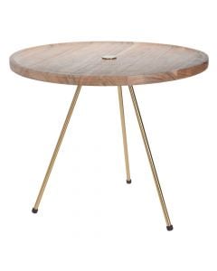 Tavolinë mesi/këndi, Strukturë metalike (floriri), dru akacia, natyrale, Ø55 xH44 cm