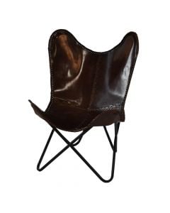 Butterfly chair, metal frame, leather seat, dark brown, 70x75xH90 cm