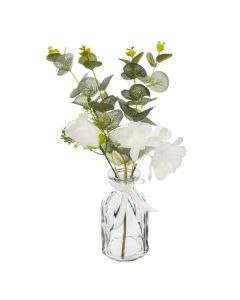 Lule artificale, në vazo qelqi, polietilen dhe qelq, e bardhë, shishe: 7.5xH14 cm; lule: 7.5xH39 cm