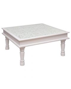 Tavolinë mesi, druri/xham temperuar, e bardhë, 92x92xH45 cm