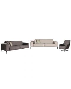 3-Seater sofa (x2) + 1 armchair, metal legs, textile upholstery, beige/grey, sofa: 240x90xH80 cm; armchair: 80x90xH70 cm