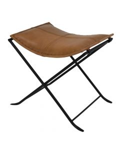 Stool, foldable, metal frame, leather seat, brown, 54x42xH48 cm