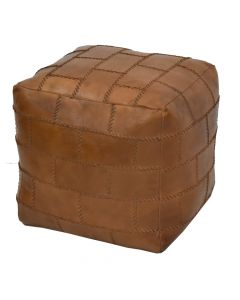 Pouf, leather upholstery, cotton filling, brown, 43 x 43 x H 43 cm