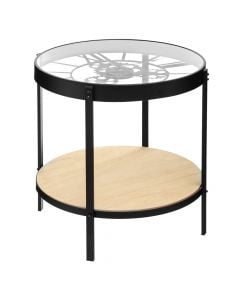 Side table, Meca, iron/mdf/temped_glass, black/natural, Ø51 xH49 cm