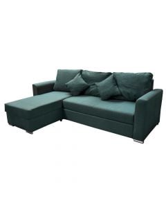 Corner sofa, Silver, metal frame, storage unit, textile upholstery, cushion included, green, 245x160xH95 cm, bed: 140x210 cm