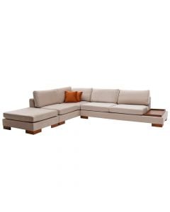 Corner sofa, Tulip, left, wooden frame, textile upholstery, wooden legs, cream, 312x191x63 cm