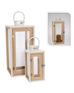 Lantern, 2 pieces, glass/wooden, white/natural, 14.5x14.5xH30.5 cm; 20x20xH45.5 cm