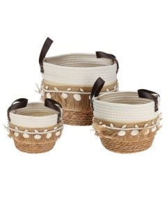 Shportë, set 3 copë, me doreza, ratani, natyrale/e bardhë/e zezë, 19x19xH21cm; 24x24xH25 cm; 29x29xH28 cm