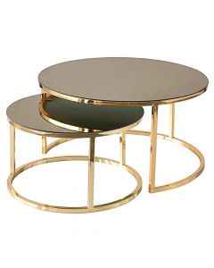 Tavolinë mesi, Nil, 2 copë, metalike/xham, ari, 80x80xH42 cm; 60x60xH35 cm