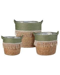 Storage basket set, 3 pieces, rattan, textile, green, brown, S : H18 cm x ø21 cm, M : H22 cm x ø26 cm, L : H26 cm x ø33 cm