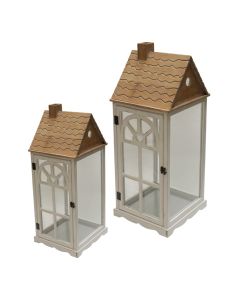 Decorative lantern, set 2 pieces, metal/wooden, white/natural