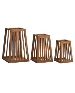 Decorative lantern, set 3 pieces, wooden, brown,  L:20x20xH30cm, M:16x16xH25cm, S:13x13xH20cm