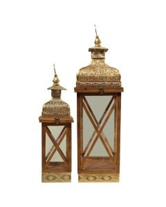 Lantern, wood/metal/glass, gold, 17x17xH57 cm/23.5x23.5xH79 cm